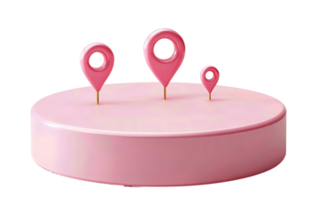 Matte pink platform featuring a set of location pins, varying in size with clean minimalist style, isolated on transparent background.
