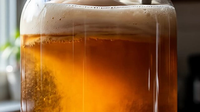 Fermented tea drink in clear glass jar with a mother culture floating on the surface