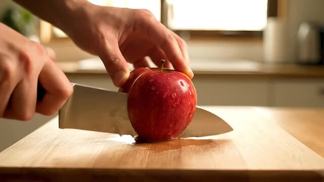 Hands carefully slice a ripe red apple on a wooden cutting board