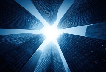 A worms-eye view showing a cluster of tall, blue-toned skyscrapers reaching upward towards a bright, radiant light source in the center of the frame