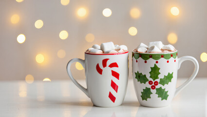 Fototapeta premium Christmas hot cocoa with marshmallows in festive white mugs with holiday decor on light surface and bokeh background.