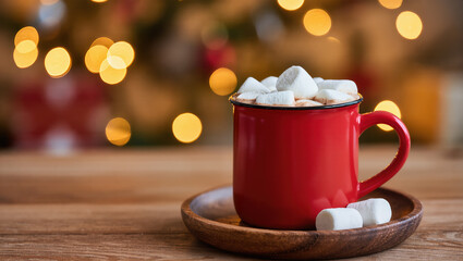 Christmas hot chocolate with marshmallows in red mug on wooden plate, festive blurred lights in background.