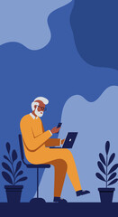 Elderly man engaged with a laptop and smartphone, showcasing modern technology use and digital connectivity for seniors, remote work, or online learning.