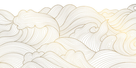 Elegant vector illustration in oriental style with golden waves, abstract lines, and geometric ornaments, minimalist and luxury. The Japanese, Chinese inspired background with ocean, sea, river