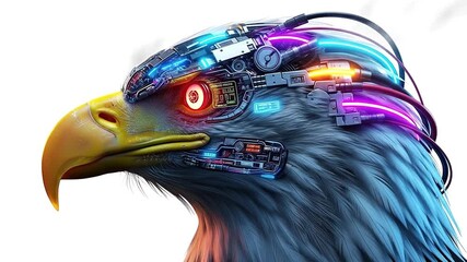 A cybernetic eagle head in profile featuring visible tech implants and neon cabling - Powered by Adobe