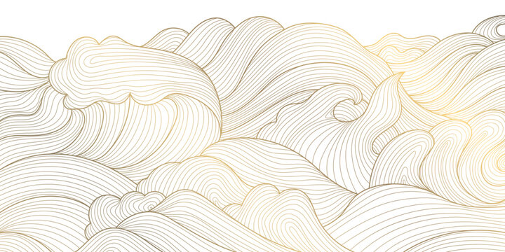 Elegant vector illustration in oriental style with golden waves, abstract lines, and geometric ornaments, minimalist and luxury. The Japanese, Chinese inspired background with ocean, sea, river