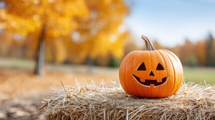A classic jack-o'-lantern pumpkin with a smiling face sits on a hay bale outdoors during the autumn season, surrounded by blurred fall foliage and a bright sky.
