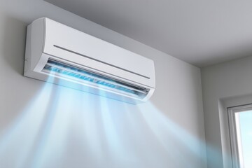 A modern white wall-mounted air conditioning unit is actively cooling a bright room, with visible blue air streams flowing out into the space.