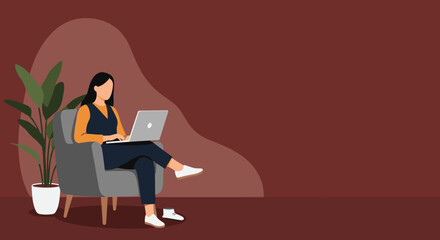 A young woman works remotely on her laptop, sitting comfortably in a modern, minimalist living space at home. Ideal for business, technology, or lifestyle concepts.