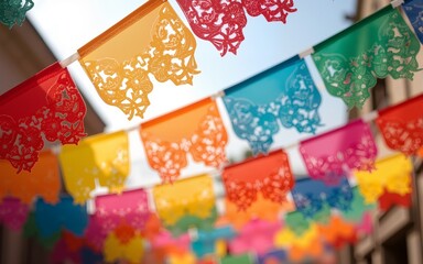 Vibrant papel picado flags strung together, casting colorful shadows with translucent backdrop. High quality