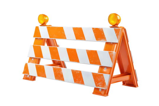 Striped construction barricade showing weathered edges, topped with two amber warning lights, isolated on transparent background.
