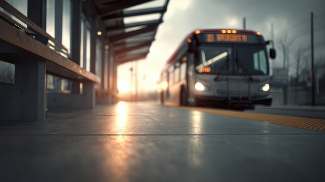 Fototapeta A city bus approaches a modern transit station at sunset, with warm light reflecting off the pavement, creating a dynamic urban atmosphere.