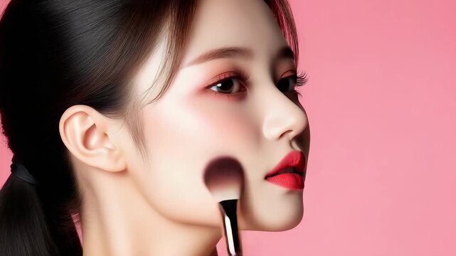 Close-up portrait of a woman with pink makeup applying blush with a makeup brush on a pink background.