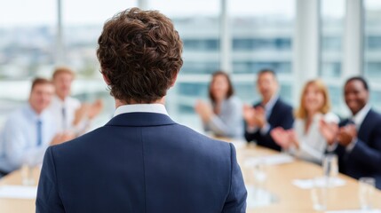 A man in a suit addresses a group of diverse professionals, who are applauding during a business meeting or presentation.