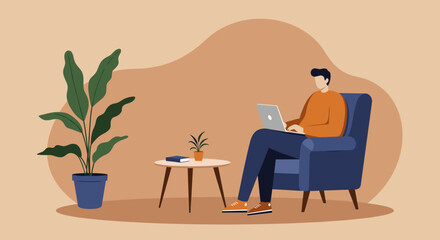 Man working on a laptop from a comfortable armchair at home, illustrating remote work, productivity, and a modern lifestyle. Ideal for business, freelance, or online education concepts.