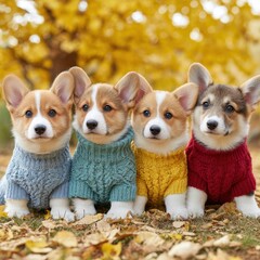 Four adorable corgi puppies in colorful sweaters sit in autumn leaves, with a blurred background of yellow fall foliage.