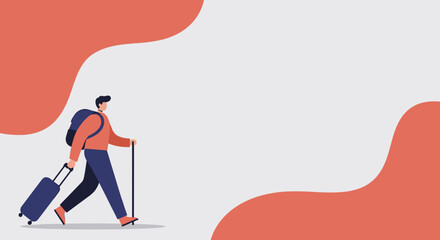 Illustration of a person embarking on a journey, pulling luggage and carrying a backpack. Represents travel, adventure, and exploration. Ideal for tourism and lifestyle concepts.