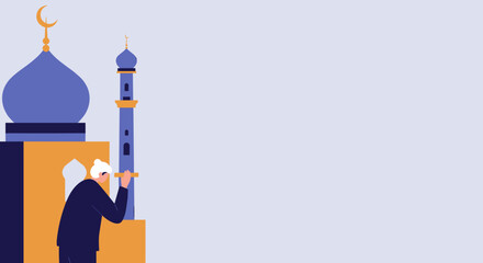 Flat illustration of a person gazing from a mosque window, symbolizing prayer, reflection, or community during Ramadan or Eid. Represents culture, travel, and religious devotion.