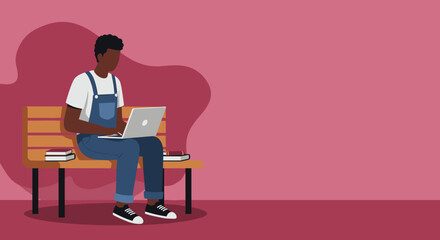 Person on a bench, actively using a laptop with books nearby. Illustrates concepts of online learning, remote work, studying, and digital lifestyle.