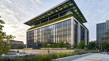 Obraz premium Contemporary government or office building featuring extensive green roof glass curtain wall facade and integrated landscaping sustainable urban architecture design (Architectural Design)
