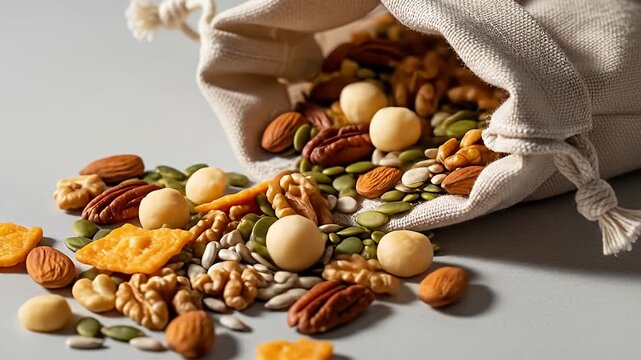 Nuts and seeds spill from a small burlap sack, scattered on a gray surface