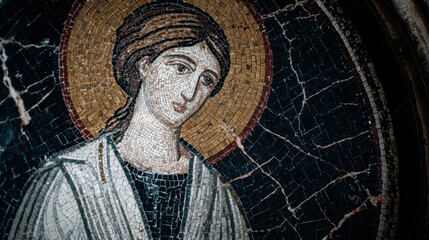 Mosaic of a thoughtful woman with halo, in white tunic, dark background with cracks, captured in an artistic style