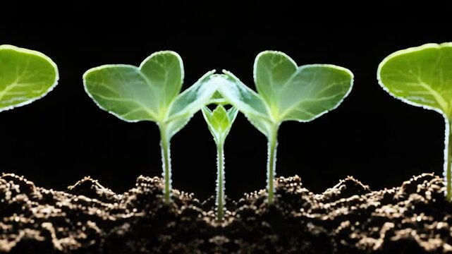 Row of tiny green seedlings sprouting from dark soil on a black background.