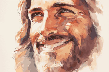 Watercolor style close-up vector illustration of Jesus smiling face, symbol of love, peace, and Christian faith