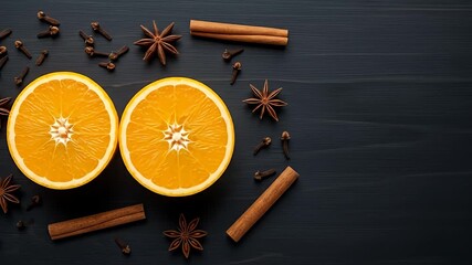 Halved oranges, star anise, cinnamon sticks, and cloves scattered on dark wooden surface - Powered by Adobe