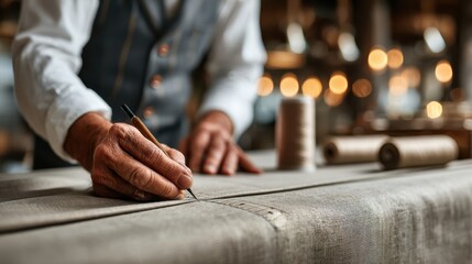 A skilled artisan meticulously marks fabric with precision in a warm, softly lit workshop, showcasing craftsmanship and attention to detail.