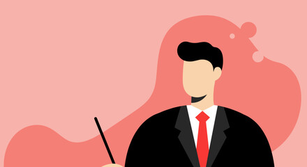 Illustration of a speaker or executive holding a pointer, representing guidance, marketing, or business strategy with a clean, modern design.