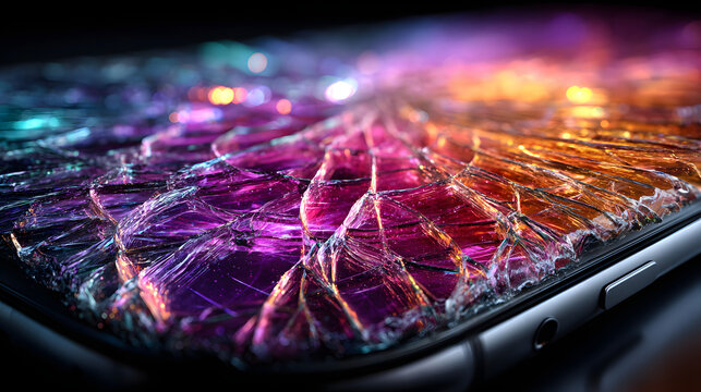 Cracked screen. Glitch glow flare. Fiction damaged sratch defocused black backround copy space. Distressd display gradient light dstortion.
