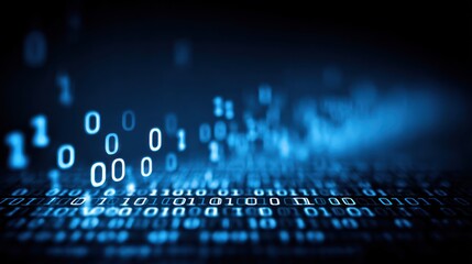 Binary code streams in luminous blue hues, cascading downwards. The foreground is crisp, fading into blurry depths
