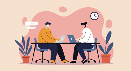 Two men collaborate on laptops in a modern office, symbolizing teamwork, remote work, and digital productivity for business and lifestyle.