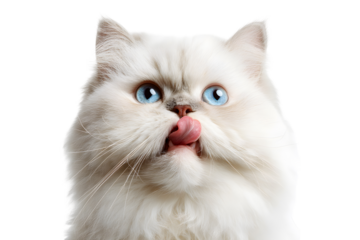 Fluffy white Persian cat with blue eyes licking nose isolated on transparent background