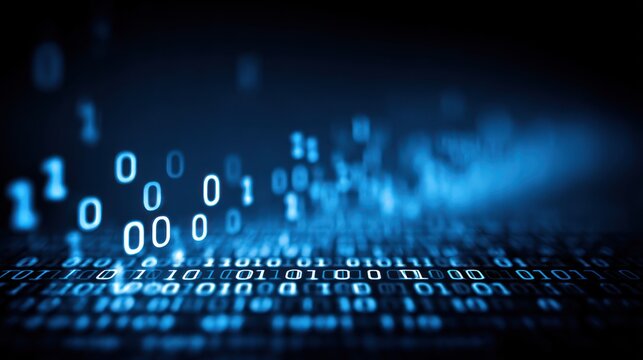 Binary code streams in luminous blue hues, cascading downwards. The foreground is crisp, fading into blurry depths - Powered by Adobe