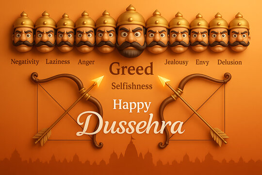 A creative illustration depicting ravan's ten heads representing different evils, and two bows and arrows, symbolizing happy dussehra and durga puja