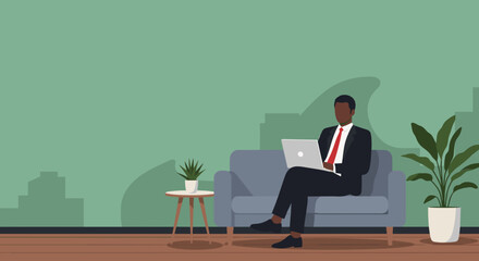 Professional Black businessman working remotely on a laptop from a comfortable modern office or home setting, embodying productivity and technology.
