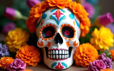 Colorful sugar skull with marigolds. Festive día de los muertos decoration. Vibrant display. Mexican tradition. Holiday design. Cultural celebration. Festive arrangement with copy space.