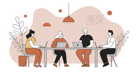 Diverse team collaborating on laptops in a modern office. Ideal for business, technology, and teamwork concepts, showing productivity and connection.