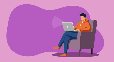 Comfortable man in a hoodie using a laptop in an armchair, representing modern remote work, online education, and digital lifestyle.