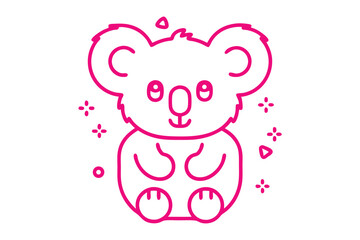 Cartoon magenta koala stands centered with sparkle shapes scattered around it, creating a whimsical feel