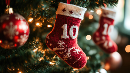 knitted christmas advent calendar sock with number 10 hanging on decorated christmas tree festive handmade ornament holiday tradition cozy seasonal decoration