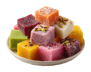 Colorful indian sweets display local market food bright isolated on transparent background