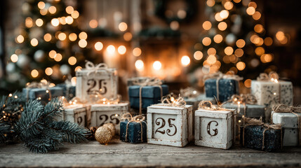 christmas advent calendar with small gift boxes and numbers decorated with pine branches and lights cozy festive mood holiday countdown traditional winter decoration home interior
