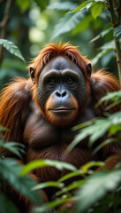 Fototapeta premium A solitary orangutan rests in the dense jungle, blending into the vibrant green surroundings