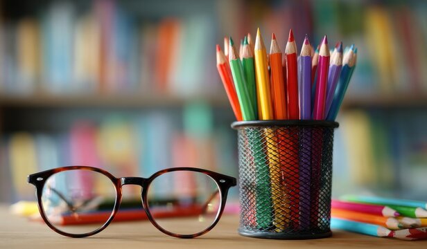 Colorful pencils stand in a mesh holder, alongside tortoiseshell glasses, against a blurred, vibrant backdrop, evoking creativity and focus - Powered by Adobe