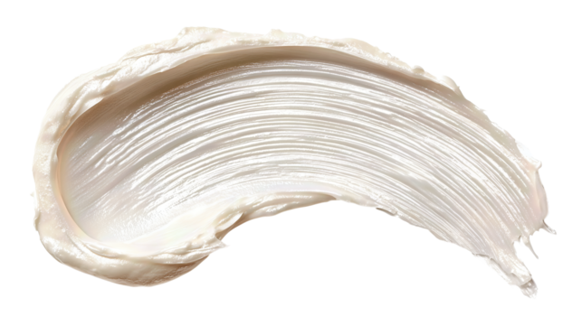 Shiny skincare smear forming a flowing S-shape, luminous white with pearly highlights, isolated on transparent background.
