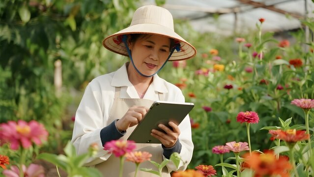 A woman in a garden uses a tablet while surrounded by colorful flowers. - Powered by Adobe