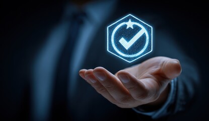 A suited hand presents a glowing hexagonal checkmark icon against a dark background, symbolizing validation or approval